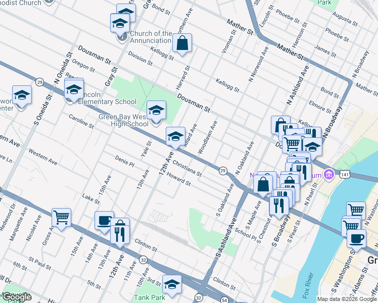 map of restaurants, bars, coffee shops, grocery stores, and more near 892 Shawano Avenue in Green Bay