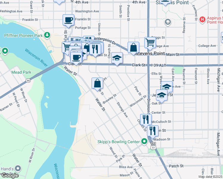 map of restaurants, bars, coffee shops, grocery stores, and more near 1555 Strongs Ave in Stevens Point