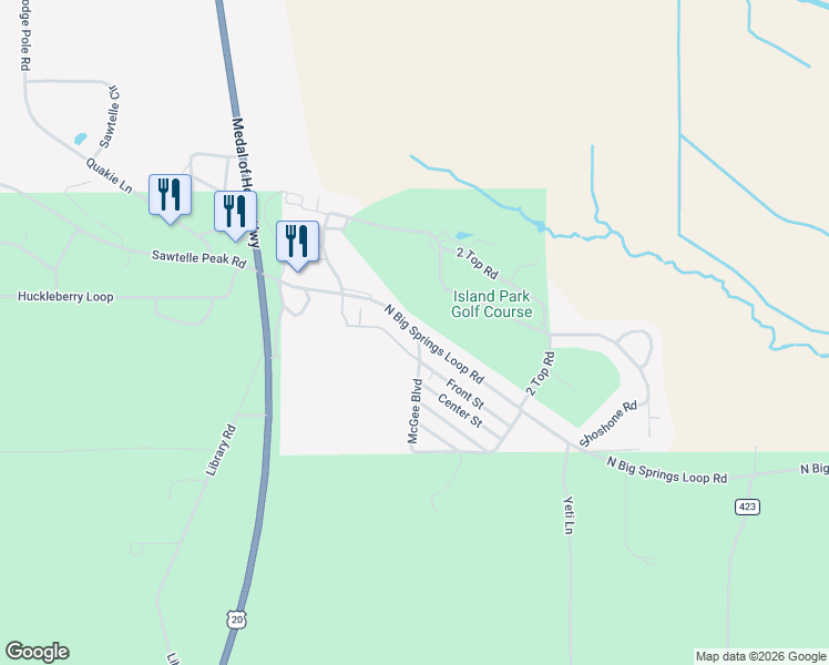 map of restaurants, bars, coffee shops, grocery stores, and more near 4174 South Big Springs Loop Road in Island Park