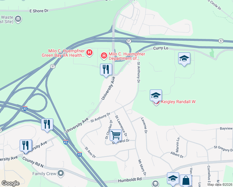 map of restaurants, bars, coffee shops, grocery stores, and more near 2837 Mount Mary Circle in Green Bay