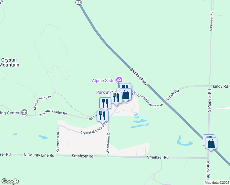 map of restaurants, bars, coffee shops, grocery stores, and more near 12500 Crystal Mountain Drive in Thompsonville