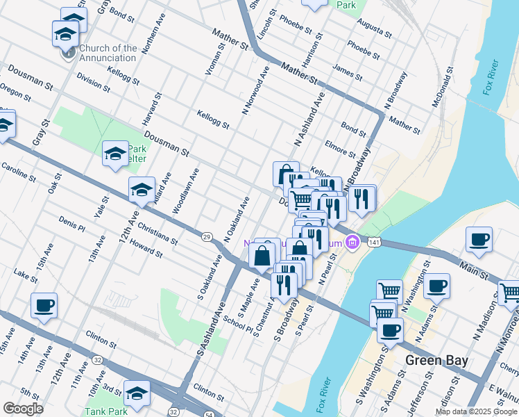 map of restaurants, bars, coffee shops, grocery stores, and more near 219 North Ashland Avenue in Green Bay