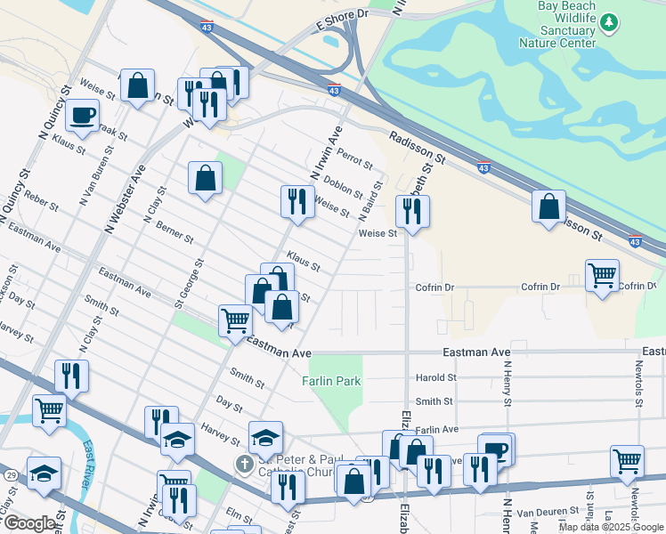 map of restaurants, bars, coffee shops, grocery stores, and more near 1357 Klaus Street in Green Bay