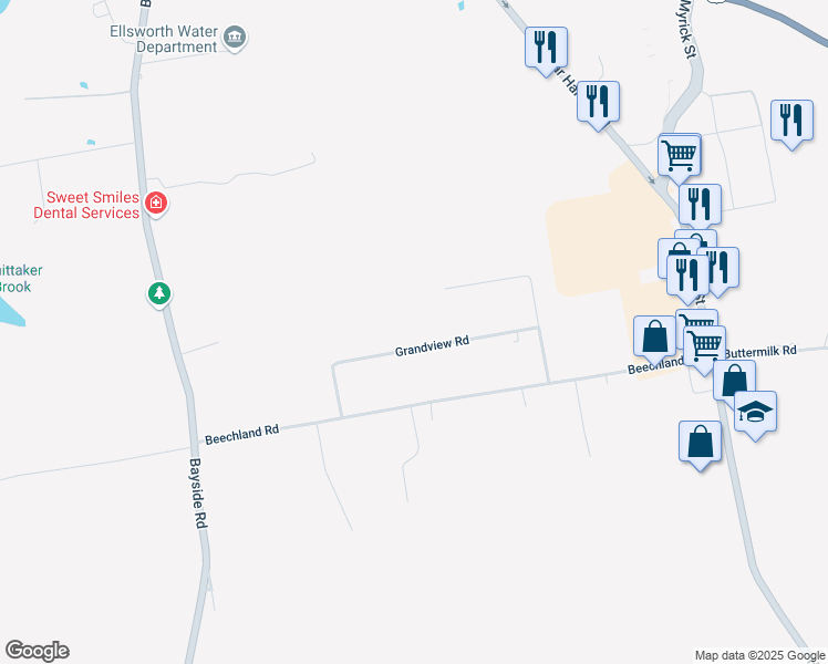map of restaurants, bars, coffee shops, grocery stores, and more near 36 Grandview Road in Ellsworth