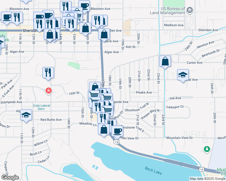 map of restaurants, bars, coffee shops, grocery stores, and more near 1632 18th Street in Cody