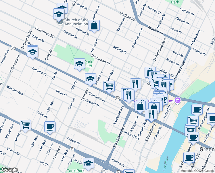 map of restaurants, bars, coffee shops, grocery stores, and more near 118 Woodlawn Avenue in Green Bay