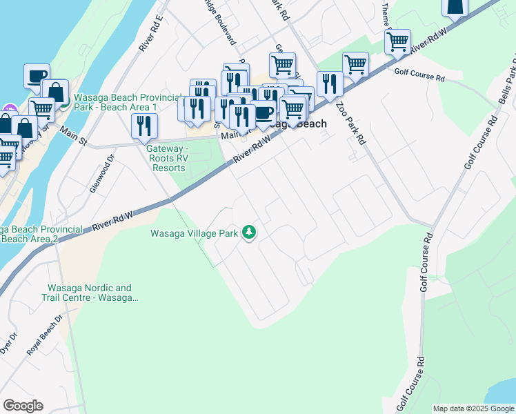 map of restaurants, bars, coffee shops, grocery stores, and more near 37 Westbury Road in Wasaga Beach