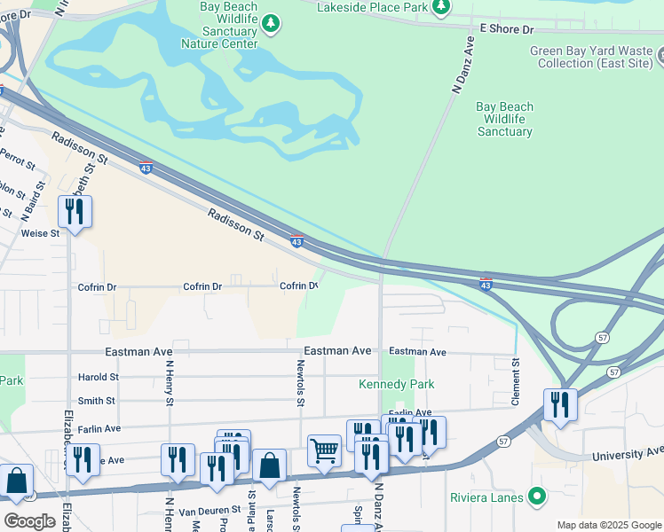 map of restaurants, bars, coffee shops, grocery stores, and more near in Green Bay