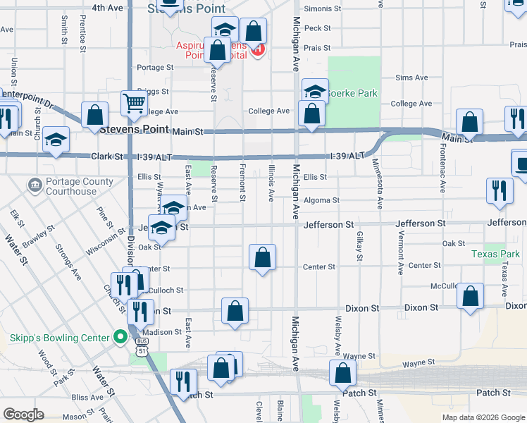 map of restaurants, bars, coffee shops, grocery stores, and more near 1708 Illinois Ave in Stevens Point