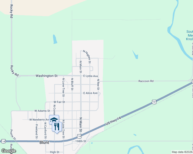 map of restaurants, bars, coffee shops, grocery stores, and more near East Lydia Avenue in Blunt