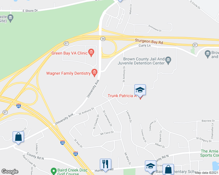 map of restaurants, bars, coffee shops, grocery stores, and more near 2836 Mount Mary Circle in Green Bay