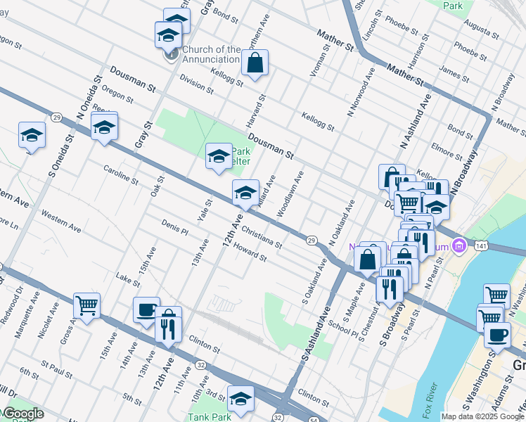 map of restaurants, bars, coffee shops, grocery stores, and more near 892 Shawano Avenue in Green Bay
