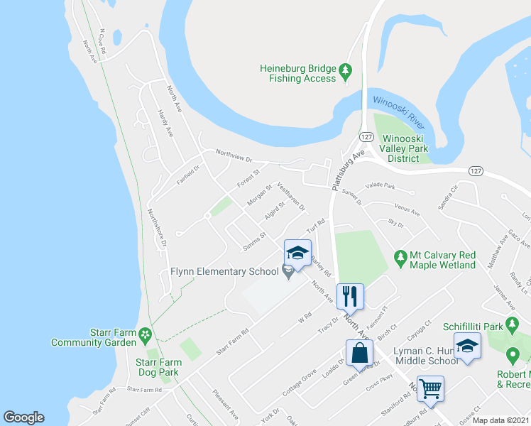 map of restaurants, bars, coffee shops, grocery stores, and more near 18 Algird Street in Burlington