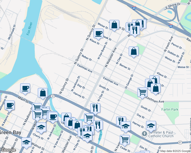 map of restaurants, bars, coffee shops, grocery stores, and more near 908 Eastman Ave in Green Bay