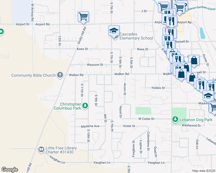 map of restaurants, bars, coffee shops, grocery stores, and more near 680 Manor Way in Lebanon
