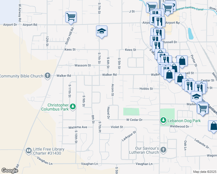 map of restaurants, bars, coffee shops, grocery stores, and more near 560 Manor Way in Lebanon