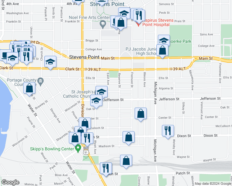 map of restaurants, bars, coffee shops, grocery stores, and more near 2037 Lincoln Avenue in Stevens Point