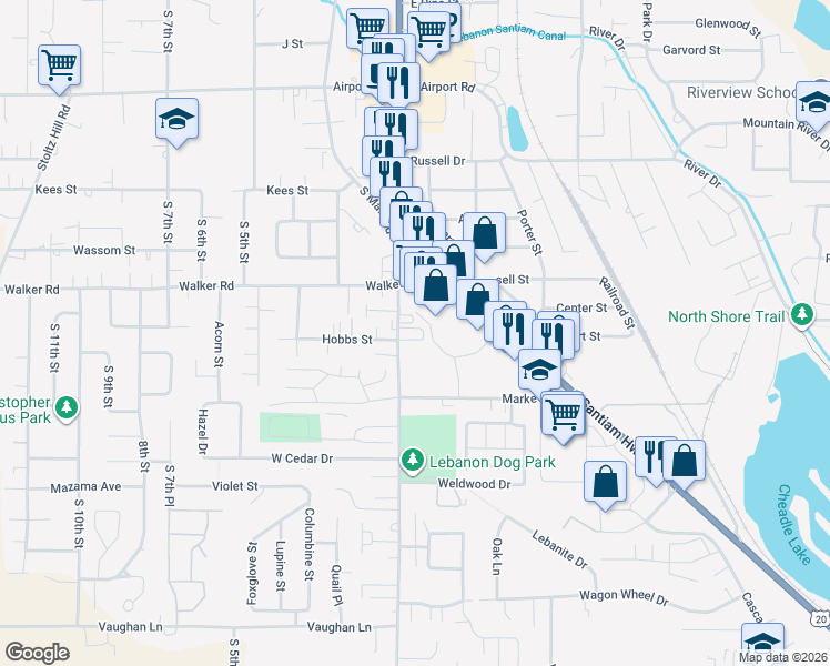 map of restaurants, bars, coffee shops, grocery stores, and more near 2711 South Main Road in Lebanon
