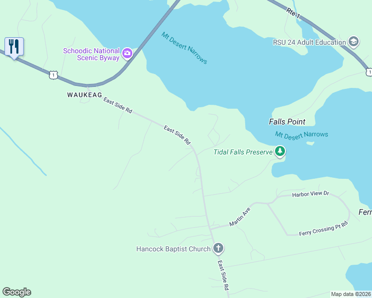 map of restaurants, bars, coffee shops, grocery stores, and more near 119 East Side Road in Hancock