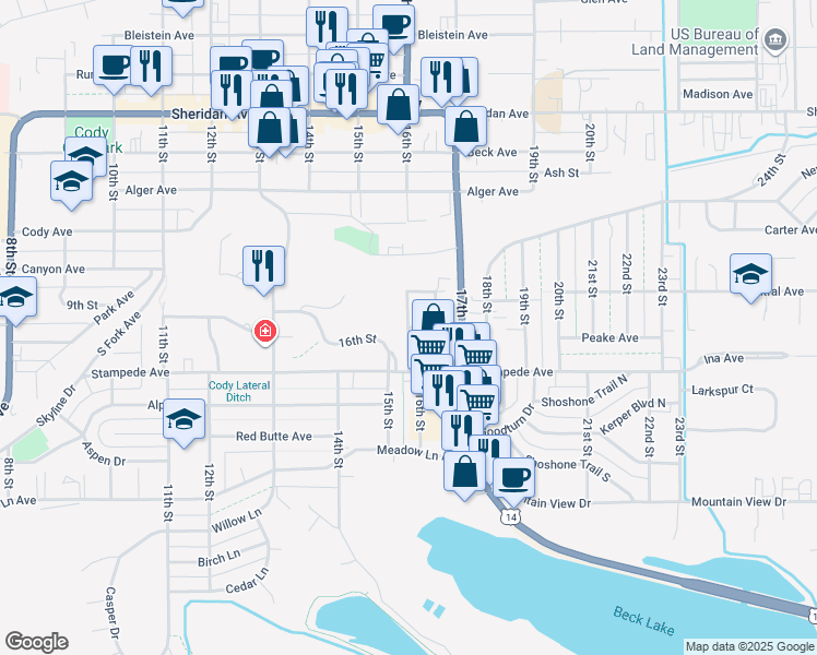 map of restaurants, bars, coffee shops, grocery stores, and more near 1600 Central Avenue in Cody