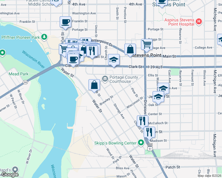 map of restaurants, bars, coffee shops, grocery stores, and more near 1555 Strongs Avenue in Stevens Point