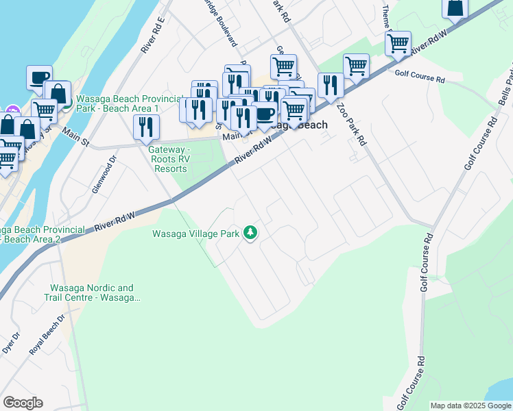 map of restaurants, bars, coffee shops, grocery stores, and more near 37 Westbury Road in Wasaga Beach