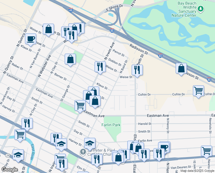 map of restaurants, bars, coffee shops, grocery stores, and more near 1357 Klaus Street in Green Bay