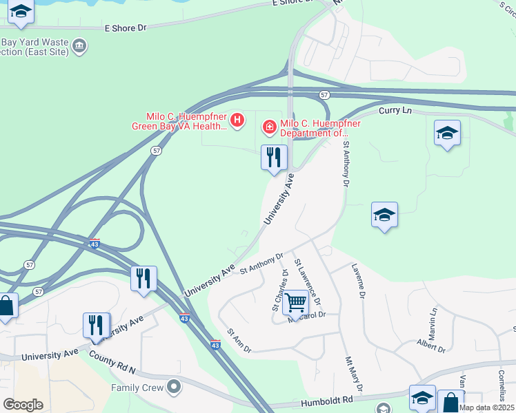 map of restaurants, bars, coffee shops, grocery stores, and more near 2831 University Ave in Green Bay