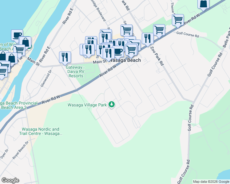 map of restaurants, bars, coffee shops, grocery stores, and more near 57 Westbury Road in Wasaga Beach