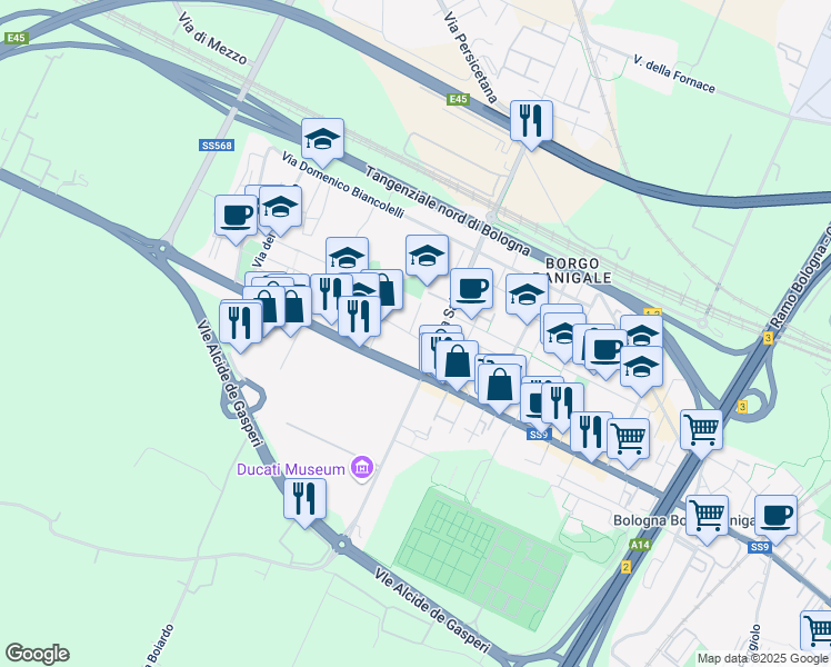 map of restaurants, bars, coffee shops, grocery stores, and more near 19 Via Martin Luther King in Bologna