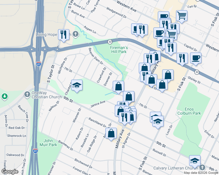 map of restaurants, bars, coffee shops, grocery stores, and more near 1118 Beaver Dam Drive in Green Bay