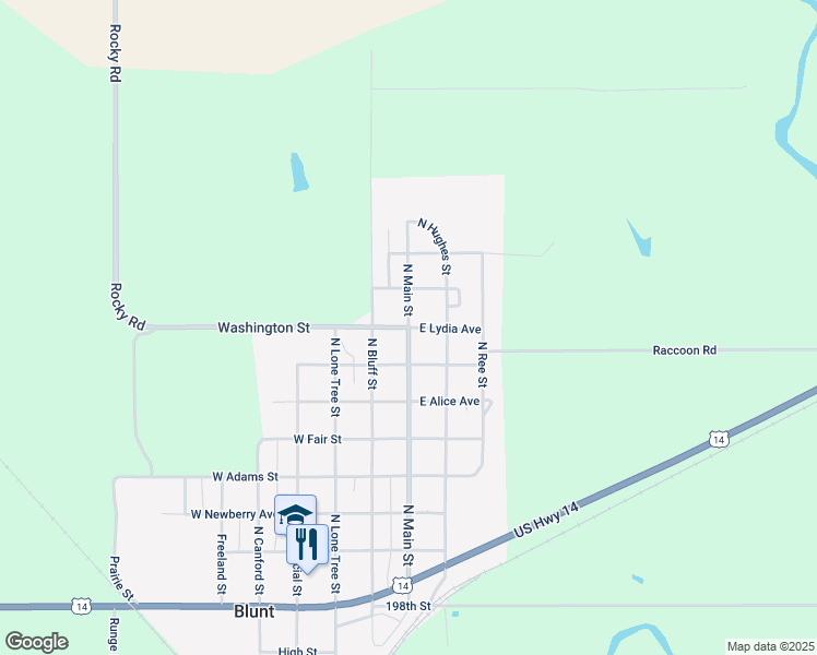 map of restaurants, bars, coffee shops, grocery stores, and more near East Lydia Avenue in Blunt