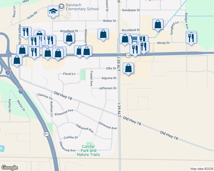map of restaurants, bars, coffee shops, grocery stores, and more near 5564 Jefferson Street in Stevens Point