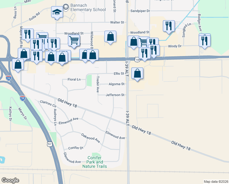 map of restaurants, bars, coffee shops, grocery stores, and more near 5564 Jefferson Street in Stevens Point