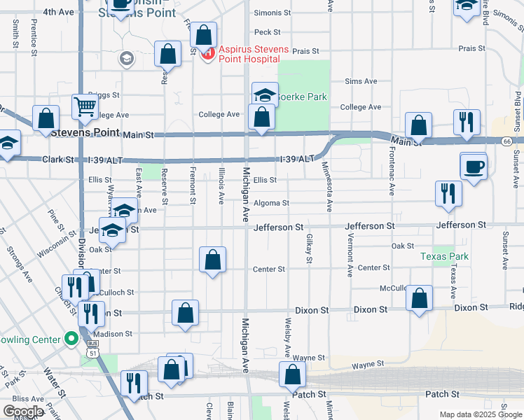 map of restaurants, bars, coffee shops, grocery stores, and more near 2433 Algoma Street in Stevens Point