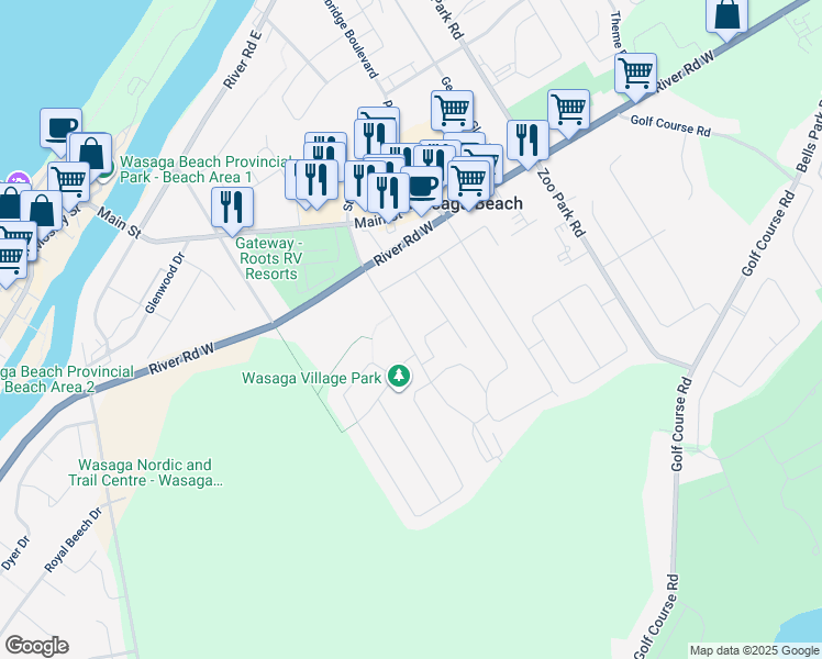 map of restaurants, bars, coffee shops, grocery stores, and more near 37 Westbury Road in Wasaga Beach