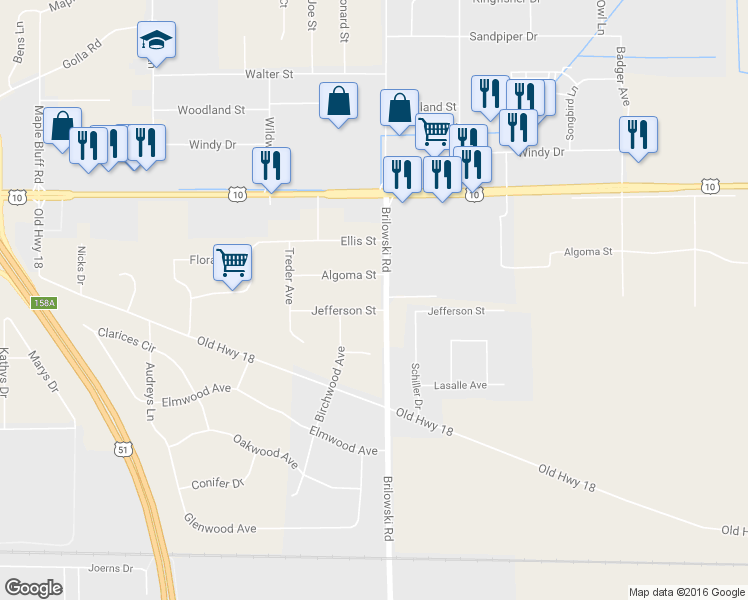 map of restaurants, bars, coffee shops, grocery stores, and more near 5592 Jefferson Street in Stevens Point