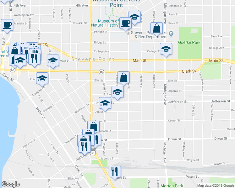 map of restaurants, bars, coffee shops, grocery stores, and more near 1800 East Avenue in Stevens Point
