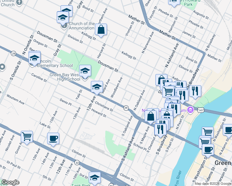 map of restaurants, bars, coffee shops, grocery stores, and more near 118 Woodlawn Avenue in Green Bay