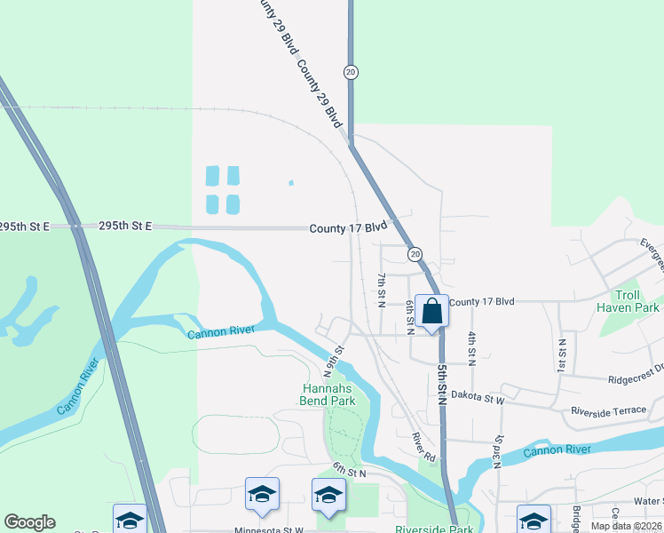 map of restaurants, bars, coffee shops, grocery stores, and more near 1324 8th Street North in Cannon Falls