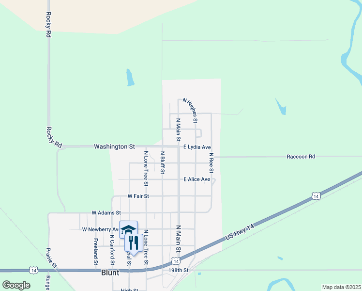 map of restaurants, bars, coffee shops, grocery stores, and more near East Lydia Avenue in Blunt