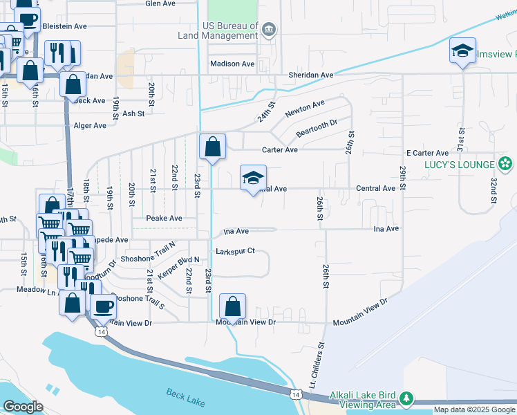 map of restaurants, bars, coffee shops, grocery stores, and more near 2420 Central Ave in Cody