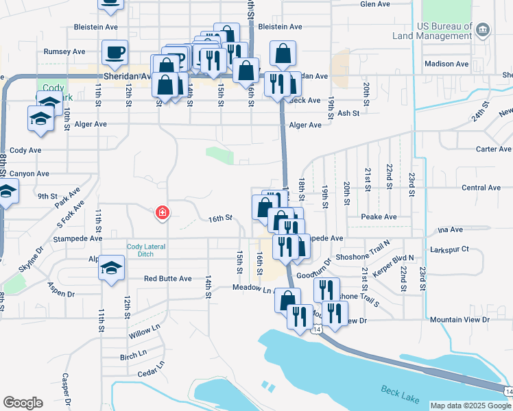 map of restaurants, bars, coffee shops, grocery stores, and more near 1600 Central Avenue in Cody