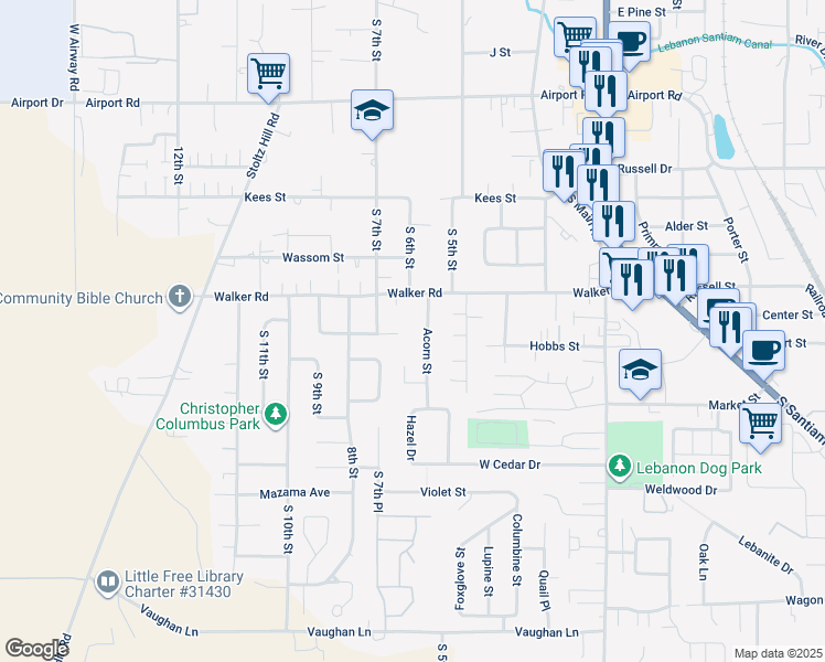 map of restaurants, bars, coffee shops, grocery stores, and more near 560 Manor Way in Lebanon