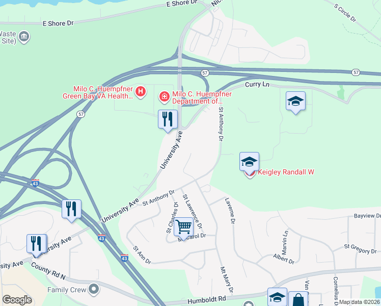 map of restaurants, bars, coffee shops, grocery stores, and more near 2837 Mount Mary Circle in Green Bay