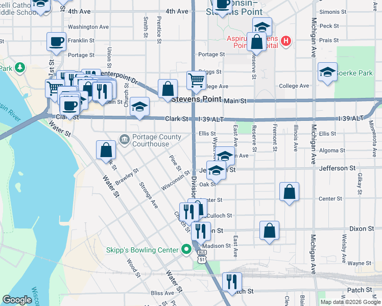 map of restaurants, bars, coffee shops, grocery stores, and more near 1748 Spruce Street in Stevens Point