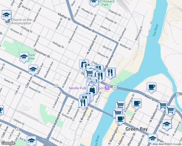 map of restaurants, bars, coffee shops, grocery stores, and more near 520 Dousman St in Green Bay