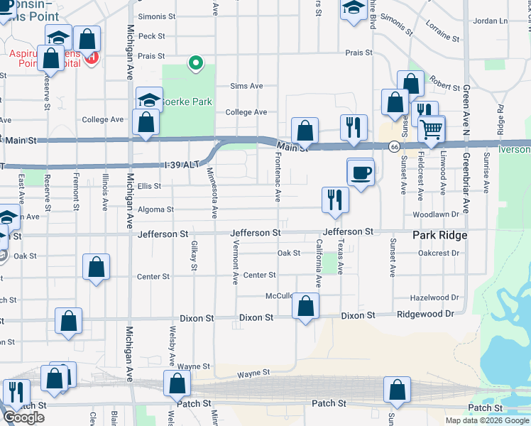 map of restaurants, bars, coffee shops, grocery stores, and more near 1708 Frontenac Avenue in Stevens Point