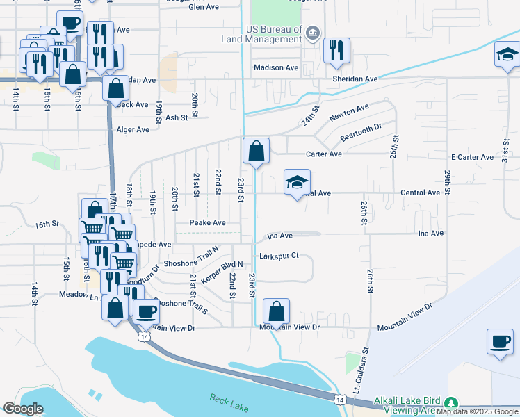 map of restaurants, bars, coffee shops, grocery stores, and more near 1626 23rd Street in Cody