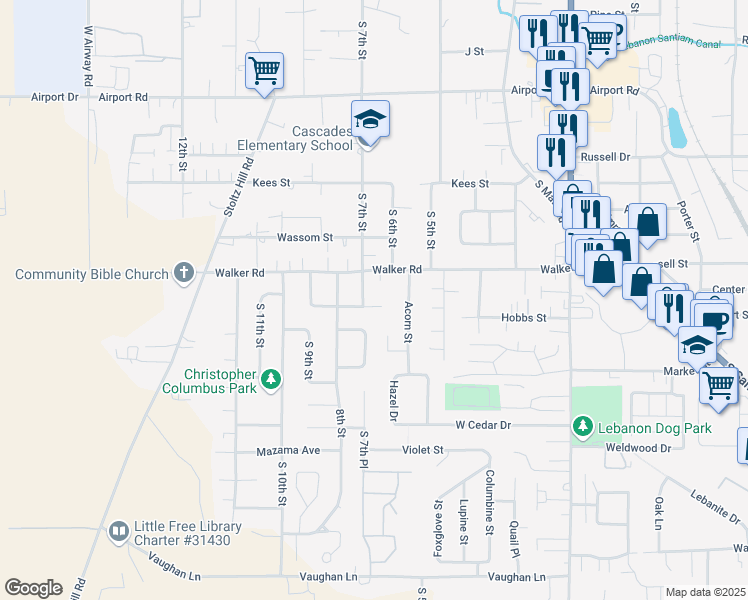 map of restaurants, bars, coffee shops, grocery stores, and more near 680 Manor Way in Lebanon